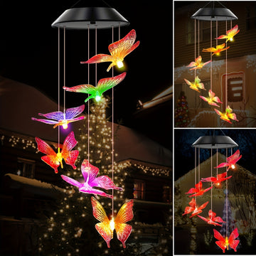 Campana de Viento con Luz de Mariposa a Energía Solar - Morado y Amarillo, No Necesita Cableado, Perfecta para Jardín, Patio y Decoración de Balcón, LED, Luz Nocturna