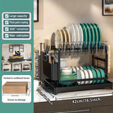 Estantería de platos de acero al carbono resistente de doble capa + tablero de drenaje, almacenamiento integrado! Dividido para platos/tablas de cortar/tazas, opciones negras y blancas, sostiene 6 tazas, adecuado para todas las estaciones.