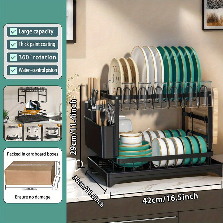 Estantería de platos de acero al carbono resistente de doble capa + tablero de drenaje, almacenamiento integrado! Dividido para platos/tablas de cortar/tazas, opciones negras y blancas, sostiene 6 tazas, adecuado para todas las estaciones.