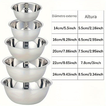 Juego de 5 tazones de acero inoxidable con base antideslizante, duraderos y seguros para alimentos, para uso en la cocina