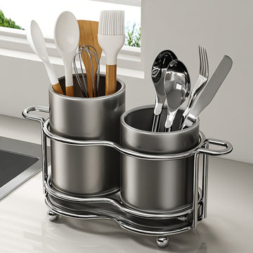 LDQ 1pc estante de utensilios combinado alto/bajo, soporte para cubiertos con estructura metálica, organizador de 2 compartimentos, tarro almacenamiento de utensilios para cocina y encimera, tarro para palillos doméstico