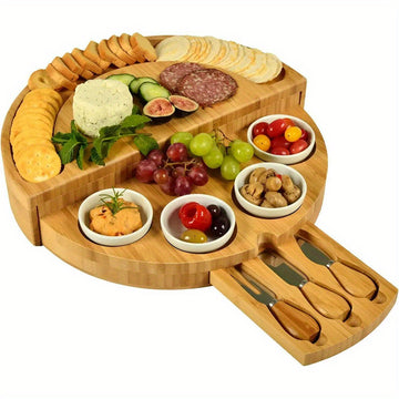 Tablero de queso de bambú plegable con almacenamiento integrado y utensilios para Ramadán y reuniones