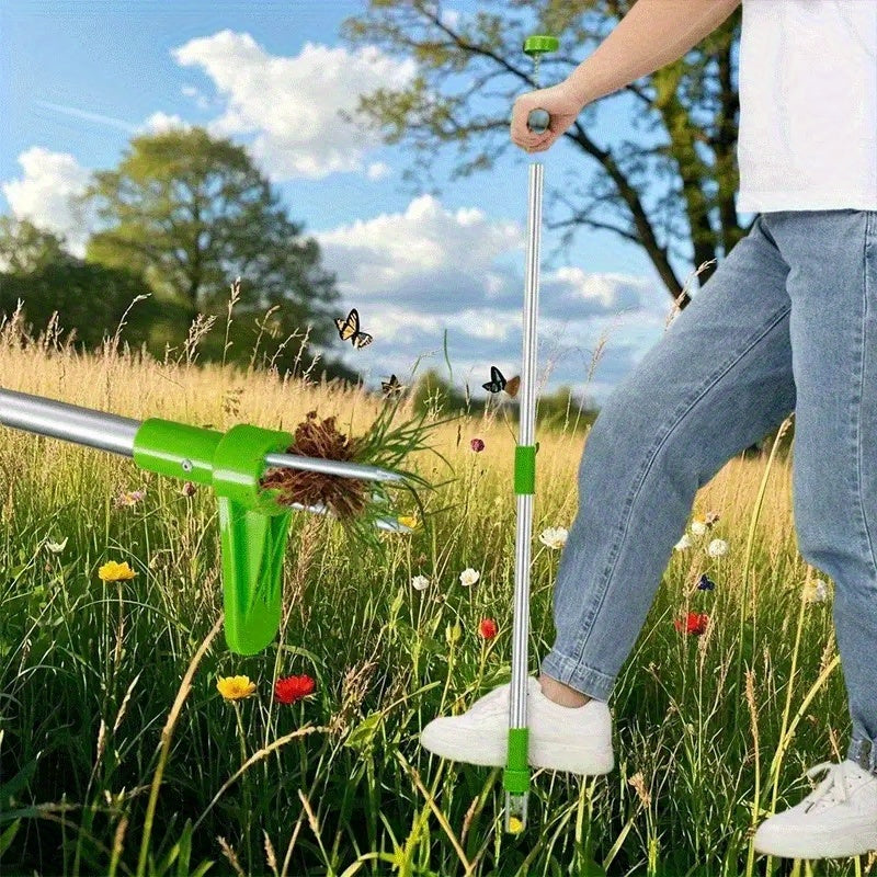 Juego de Herramientas para Deshierbe de 12 Escenas: Mango de Aleación de Aluminio Reforzado y Diseño con Pedal, Tubos Doble Articulados Desmontables – Rastrillo Manual Sin Esfuerzo para Céspedes y Jardines, ¡Sin Necesidad de Energía!