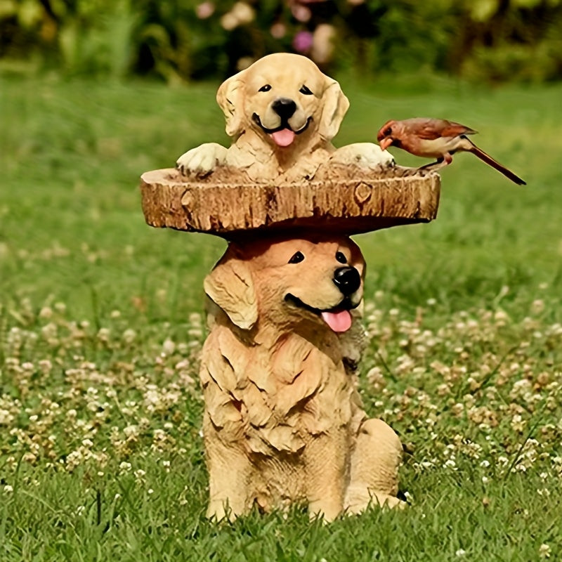 Baño para pájaros con encantador Golden Retriever - Decoración de jardín en resina con dos figuras de perros, fuente de agua exterior para pájaros y perros, sin necesidad de electricidad, ideal para jardines y patios, baño para pájaros de exterior