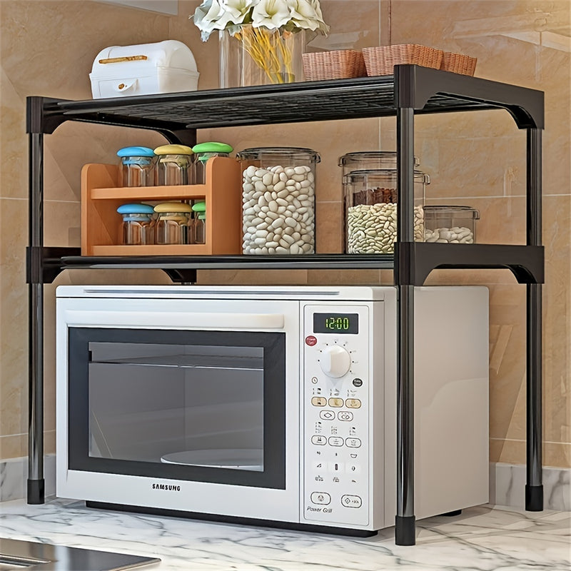1 soporte expandible para microondas con estante de almacenamiento - Organizador de cocina resistente en plástico para horno, palillos, tabla de cortar y herramientas - No requiere electricidad ni baterías