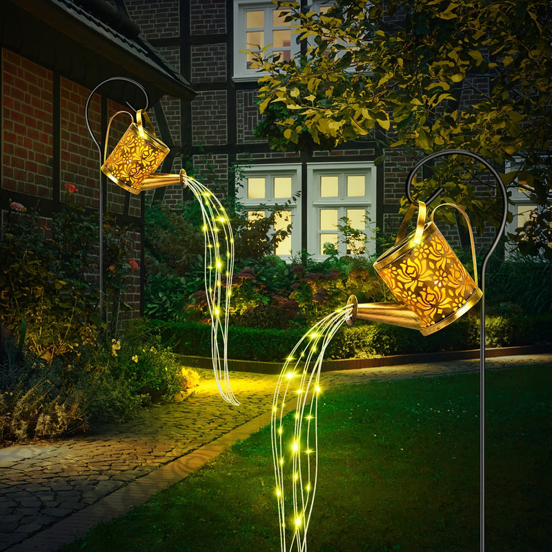 1 tanque de riego solar con luces, luces solares para jardín, decoración de jardín, faroles colgantes, lámparas solares de cascada de metal, ideal para patios, senderos, césped, terrazas, corredores, recibidor - regalo perfecto para Navidad