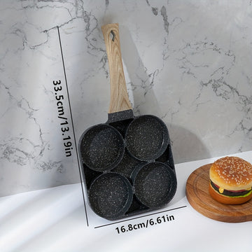 1 pieza Sartén de Huevo Antiadherente con Piedra Mica y Mango de Madera, Aleación de Aluminio para Desayuno, Tortitas y Hamburguesas, Preparación Rápida de Comidas Matinales | Diseño de Cuádruple Quemador | Superficie Antiadherente