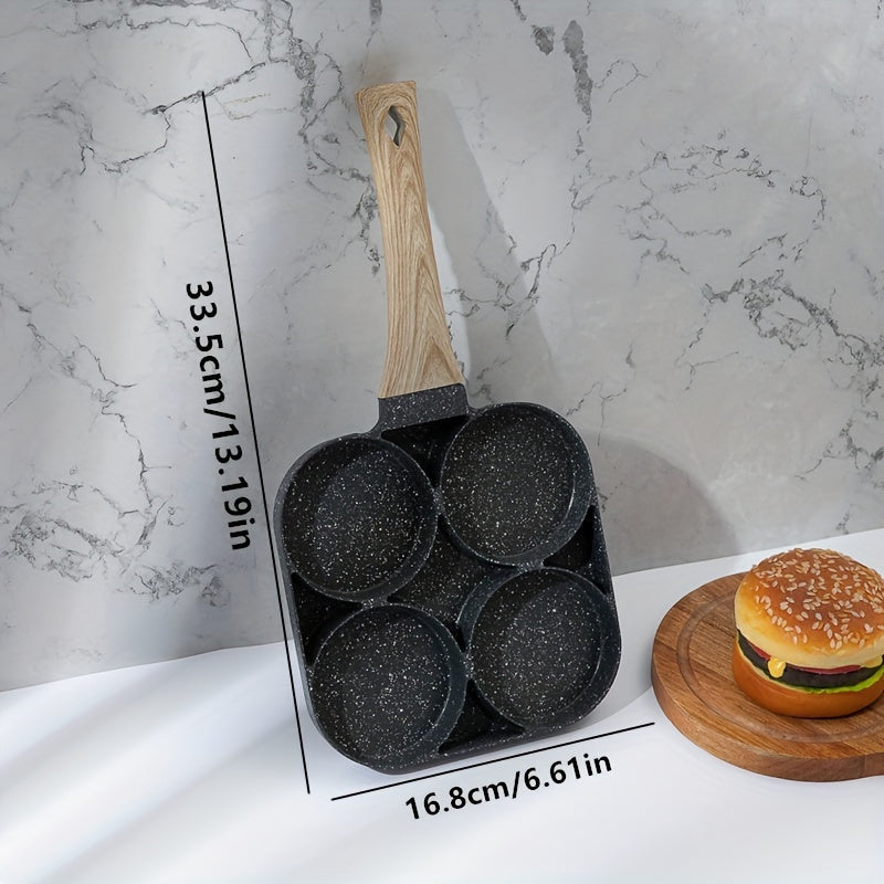 1 pieza Sartén de Huevo Antiadherente con Piedra Mica y Mango de Madera, Aleación de Aluminio para Desayuno, Tortitas y Hamburguesas, Preparación Rápida de Comidas Matinales | Diseño de Cuádruple Quemador | Superficie Antiadherente