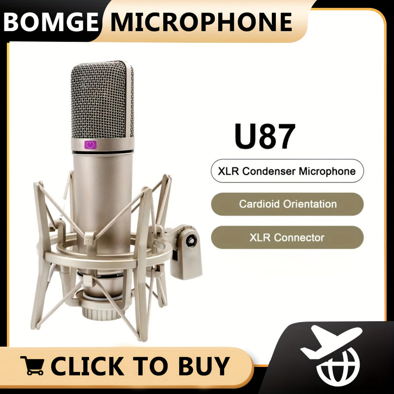 Microfono Condensador U87 XLR con Cable, Micrófono Cardióide Profesional para Estudio de Grabación, Podcasting y Streaming en Casa