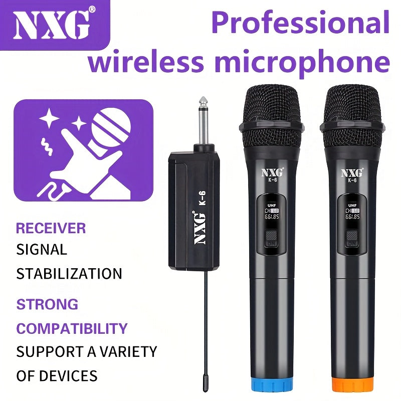 Micrófonos inalámbricos NXG K-6, micrófonos para karaoke, sistema dinámico de mano, receptor recargable, ideal para fiestas, iglesias, reuniones, bodas y escenarios, incluye 2 micrófonos