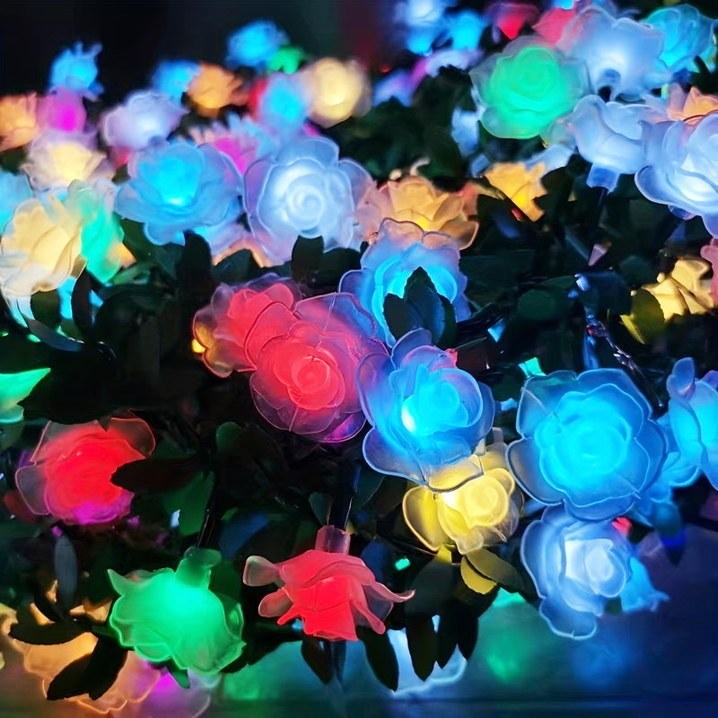Cadena de luces solares de 8 modos de rosa, 20/30/50LED de varios colores parpadeantes, material plástico, batería de níquel, control de botón pulsador, para el Día de San Valentín, propuesta de boda, jardín