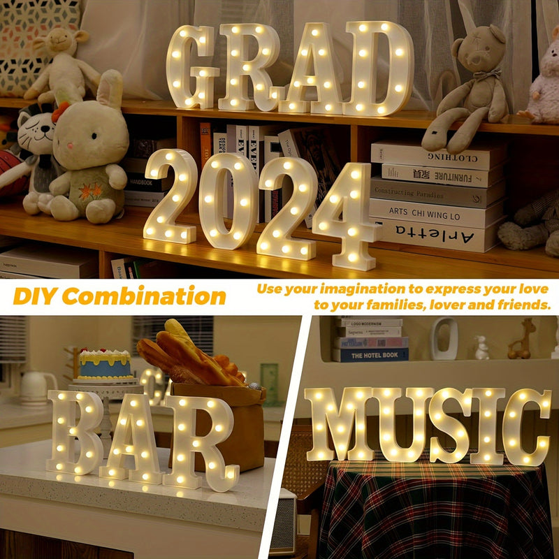 Letrero luminoso LED de 8.6" con 26 letras y 10 números, decoración brillante con batería para bodas, cumpleaños, fiestas, bares, graduaciones, Halloween, Navidad - blanco cálido, plástico, sin baterías incluidas, decoración para eventos | decoración mod