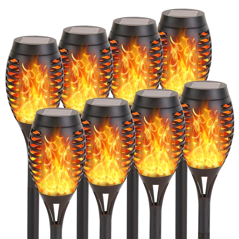 8 luces antorchas solares con efecto de llama parpadeante - Lámparas decorativas de llama simulada cálida para jardín, césped, camping y iluminación ambiental exterior, antorcha para jardín | Efecto de llama parpadeante | Cuerpo de plástico duradero, luc