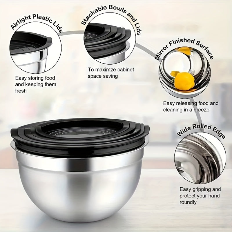 Juego de 5 tazones de acero inoxidable para ensalada con tapa, cuencos apilables para ensaladas, frutas, pasta y repostería, seguros para exteriores, forma redonda, novedosos utensilios de cocina