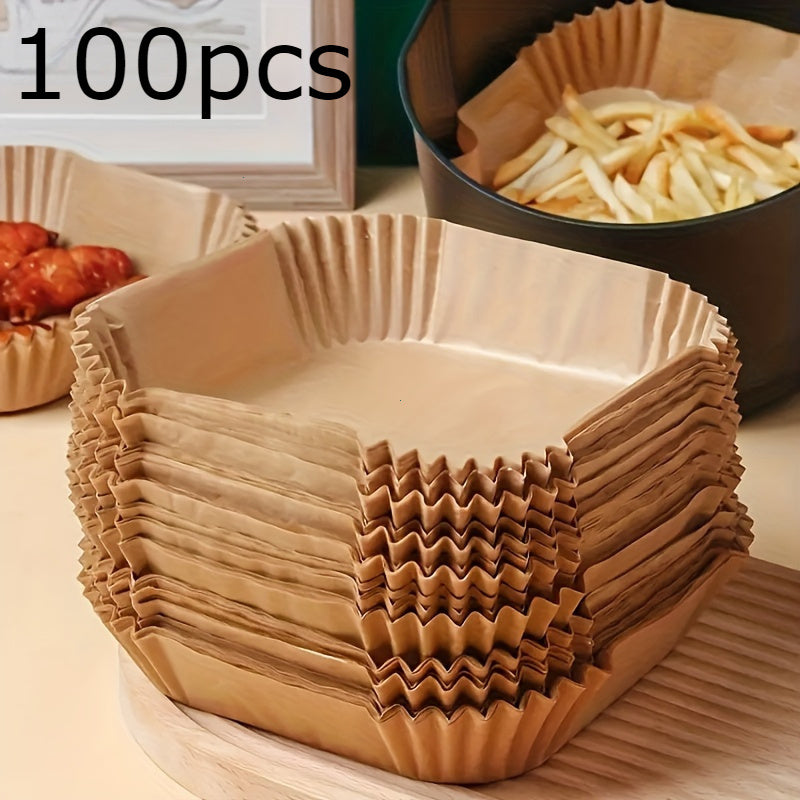100 piezas de papel de línea para freidor de aire antiadherente - Cuadrado, cocina y horneado saludables, papel a prueba de aceite fácil de limpiar, ideal para cocinas domésticas y comerciales, perfecto para freír, hornear, uso de microondas, accesorios
