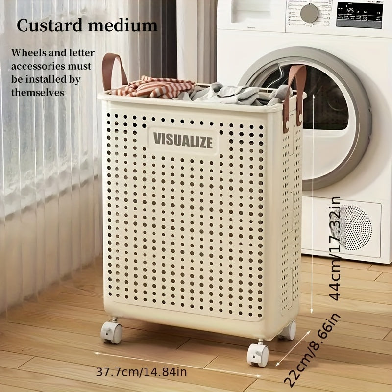 1pc Cesta de Almacenamiento Plegable Grande Blanca con Ruedas - Organizador Colapsable de Plástico con Asas y Agujeros de Ventilación para Toallas, Ropa, Juguetes - Ahorro de Espacio Portátil para Hogar, Cocina, Baño, Spa