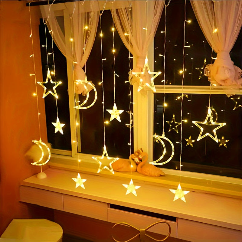 1pc Luces de Cortina LED con Estrellas y Luna - Sin Pilas Necesarias, Perfectas para Ramadán, Bodas, Cumpleaños, Graduaciones, Fiestas, Navidad, Halloween, Decoración del Día de la Independencia | Temática Nocturna Romántica | Adorno Lunar