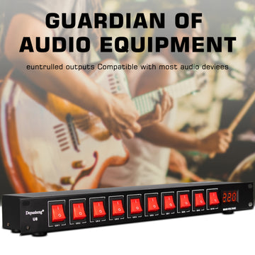 DEPUSHENG 10 enchufes de secuencia de energía y protección contra sobretensiones con pantalla LCD - 220V AC 60Hz, interruptores independientes, protección contra sobrecarga para escenario, estudio, cine en casa, protección de equipo de escenario, acabado