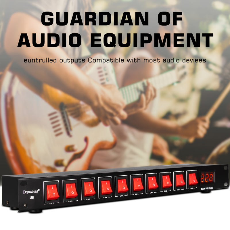 DEPUSHENG 10 enchufes de secuencia de energía y protección contra sobretensiones con pantalla LCD - 220V AC 60Hz, interruptores independientes, protección contra sobrecarga para escenario, estudio, cine en casa, protección de equipo de escenario, acabado