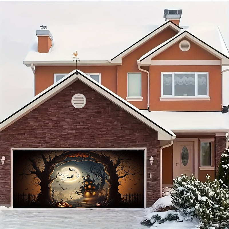 Decoración de Puerta de Garaje de Halloween con Calabaza y Castillo de Murciélagos - 1pc Tapiz Colgante de Poliéster, Banderín Festivo para Ambiente de Jardín