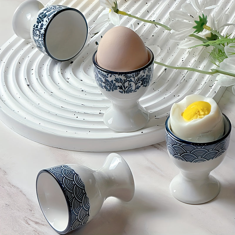 1 Juego/2 Piezas, Taza Para Huevos, Bandeja Para Huevos, Estilo Azul Y Blanco, Color Subrayado, Taza Para Huevos Con Imagen, Para Dieta Diaria, Para Contener Huevos Comestibles, Ideal Para Desayuno, Cena, Etc., Se Puede Usar Para Comidas Familiares, Rega