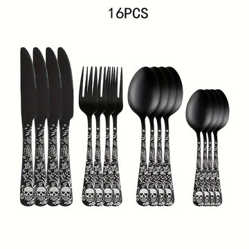 Juego de cubiertos de acero inoxidable con diseño gótico de calavera y rosa, 4/16/24 piezas, cuchara, tenedor, cuchillo, pulido espejo, ideal para regalos de Halloween, Navidad, Pascua y Hanukkah
