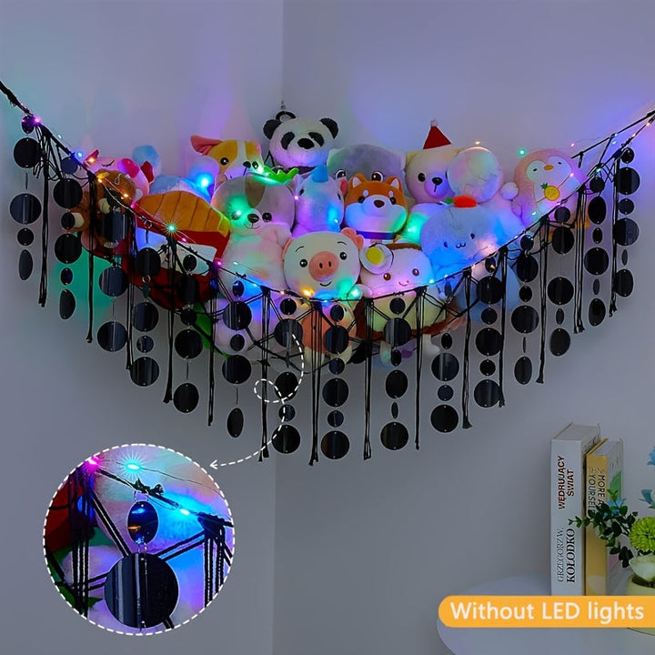 Estante de almacenamiento de juguetes de red para hamaca de animal de peluche con luces LED, almacenamiento de animales de peluche para decoración de habitación de niñas, dormitorio, guardería, sala de juegos colgante de pared con secuín, negro