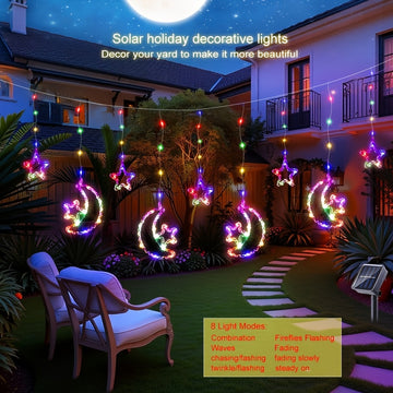Luz de barra de hielo lunar estelar alimentada por energía solar LED, 8 modos, IP44, luces de cuerda lunar estelar, adecuadas para decoración colgante, adecuadas para camping al aire libre, patios, porches, villas y decoración de fiestas de vacaciones.