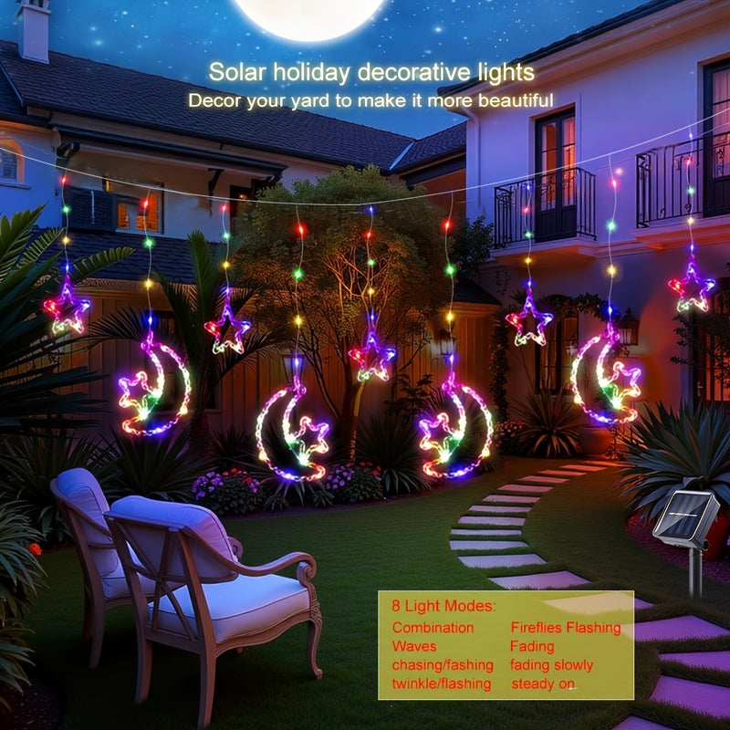 Luz de barra de hielo lunar estelar alimentada por energía solar LED, 8 modos, IP44, luces de cuerda lunar estelar, adecuadas para decoración colgante, adecuadas para camping al aire libre, patios, porches, villas y decoración de fiestas de vacaciones.