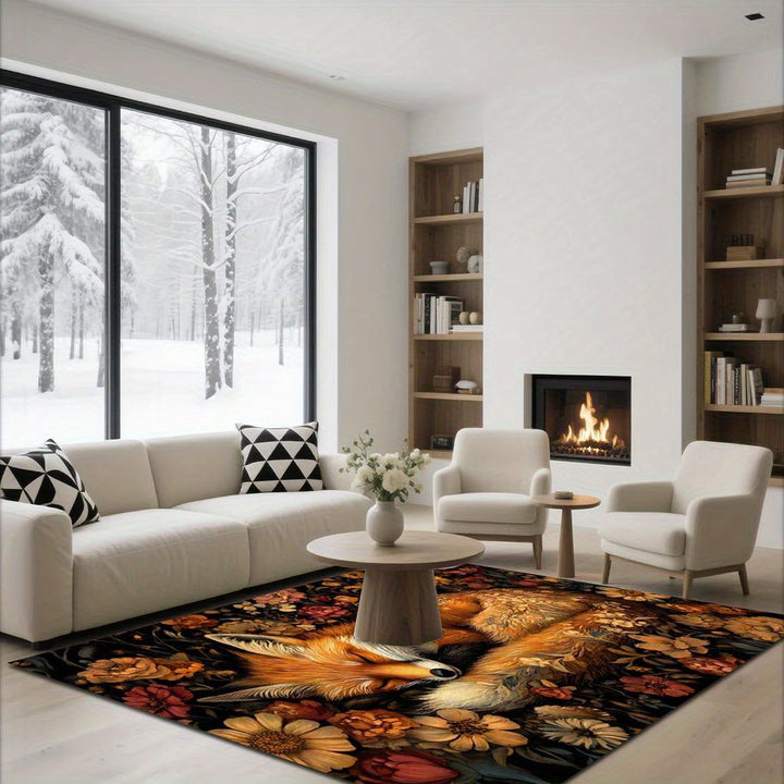 1pc Alfombra de Terciopelo con Diseño de Zorro en Cama de Flores, Ideal para Cocina, Dormitorio, Sala, Estudio y Entradas, Fondo Antideslizante, Lavable a Máquina