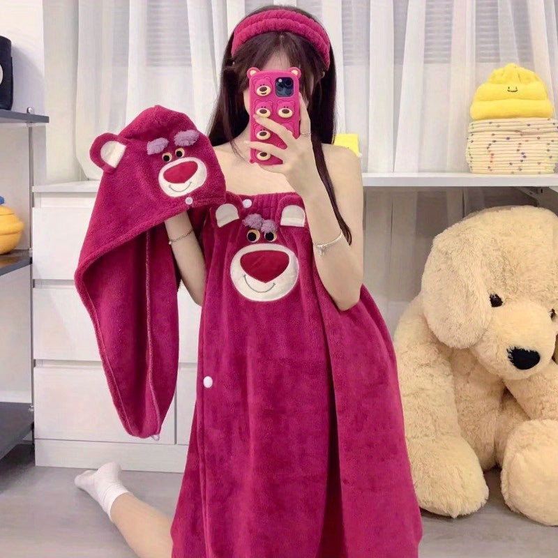 Conjunto de 3 piezas Toalla de Baño Oso Fresa & Oso Winnie & Grandes Ojos, Toalla de Baño con Vendaje + Gorro de Ducha + Lazo para el Cabello Conjunto de Tres Piezas, Bata de Baño Absorbente y Envolturable Lindo de Dibujos Animados, Sombrero Secador de P