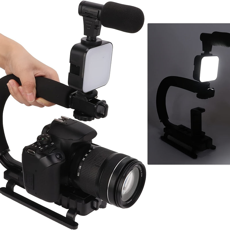 Equipo de Grabación y Videografía Portátil Multifunción con Micrófono Capcitorio Manual, Estabilizador, Soporte para Zapata Caliente con Luz de Relleno LED para Teléfono Móvil, Cámara SLR, Equipo de Grabación de Audio y Vídeo para Entrevistas en Vivo, Po