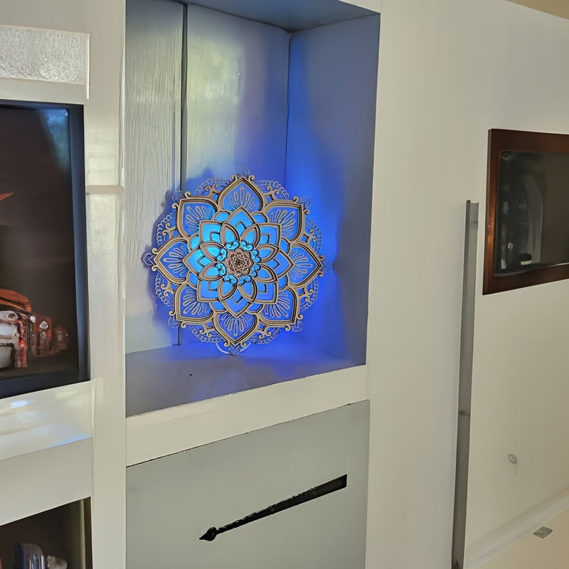 1 pieza de Luz Nocturna Mandala Intrincada - LED Iluminado, Diseño de Loto de Madera Multicapa - Ambiente Sereno para Yoga, Salas de Estar y Dormitorios.