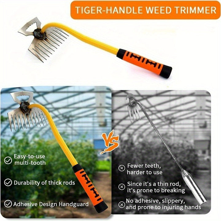 Rastrillo Multiusos de Alta Resistencia con Cabeza Afilada - Mango Ergonómico Antideslizante, Herramienta de Deshierbe para Jardín y Granja, Uso en Interiores/Exteriores - Eliminación Duradera de Malezas en Céspedes, Macizos Florales, Jardines, Diseño Co