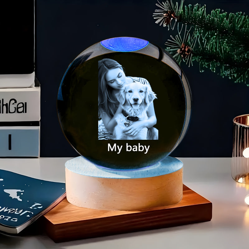Esfera de cristal personalizable con base de madera - Esfera de vidrio con fotos personalizadas para decoración de dormitorio y sala de estar - Regalo ideal para cumpleaños, San Valentín, Acción de Gracias, Navidad - Opción de grabado DIY, alimentado por