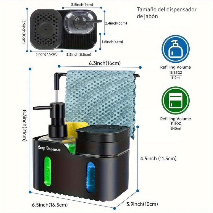 Juego de Dispensador de Jabón para Manos y Lavavajillas, Organizador 4 en 1 con Portaesponja y Portapaneles para Encimera de Cocina, Utiles Prácticos para la Cocina