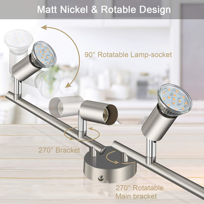 AMANSOUR Moderna Lámpara de Techo LED de 4 Llamas, Spotlight Rotatable 330°, Montaje Semi-Flush, Níquel Mate, Hierro Fundido, Control de Interruptor, Cableado Duro 110-240V, para Cocina, Sala de Estar, Dormitorio - Sin Bombillas Incluidas