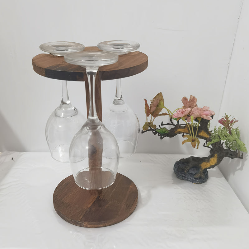Soporte Premium para Copas de Vino en Madera - Diseño Circular con Detalles Dorados, Base Robusta para Estabilidad, Protege Superficies del Condensado, Decoración Elegante para Barra y Comedor, Acabado Natural, Acento Contemporáneo para Mesas