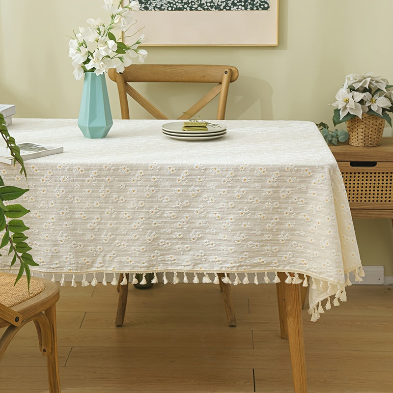 Mantel rectangular con diseño de margaritas y flecos, 1 unidad, ideal para decoración de picnic, fiestas, cocina o hogar