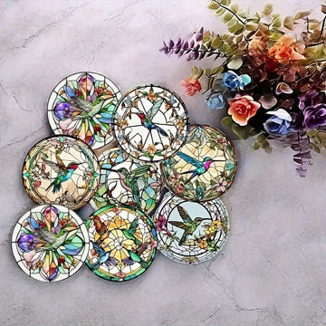 8 Piezas de Posavasos con Patrón de Vidrio Manchado de Colibrí, Antideslizantes y Resistentes al Calor para Protección de Mesas, Ideales para Tazas, Cafés, Oficinas, Cocinas, Restaurantes, Decoración o Coleccionismo Personal