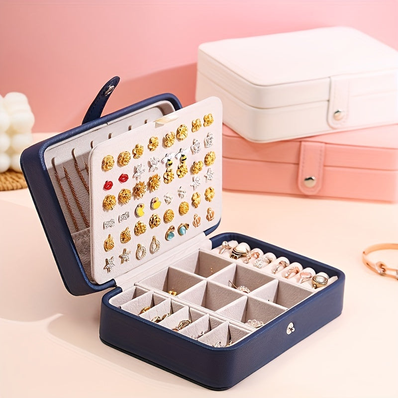 Exquisita Caja de Joyería de Cuero Sintético de Doble Capa - Amplio Almacenamiento Portátil para Aretes, Anillos, Collares, Pulseras y Accesorios - Regalo Ideal para Mujeres, Viajes y Organización del Hogar