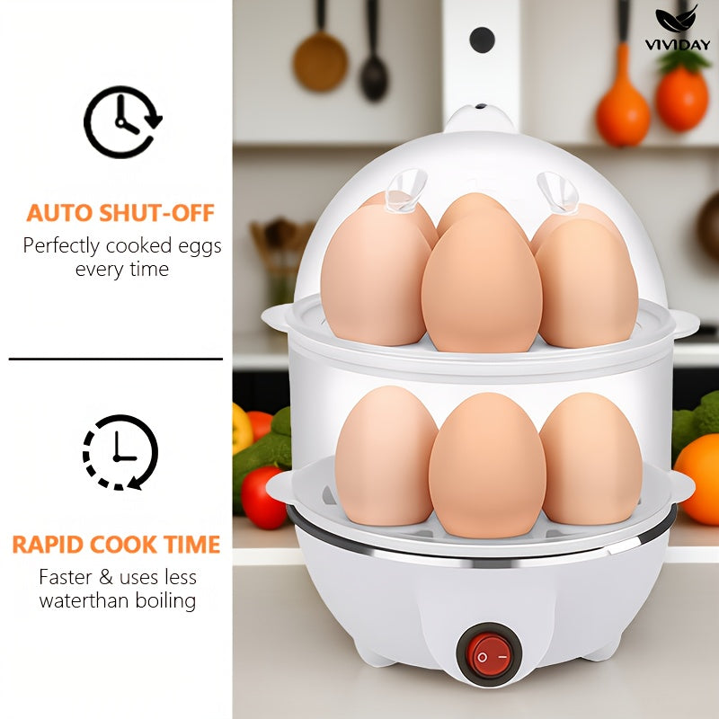 VIVIDAY Cocinador de Huevos de Doble Capa, Blanco, Enchufe de EE. UU., Material PP, 110V, Operación de 1 botón, Control de Temperatura Preciso, Anti-Quemaduras, Antiadherente, con Sartén, para Cocina, Dormitorio, Uso Doméstico, Cocina 14 Huevos a la Vez