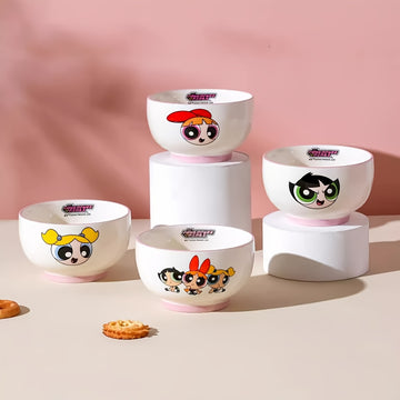 Juego de 4 Piezas de Vajilla Cerámica Serie Las Chicas Superpoderosas Warner Bros. – Caja Regalo Ideal para Cumpleaños o Navidad, Tazón de Arroz con Diseño Animado