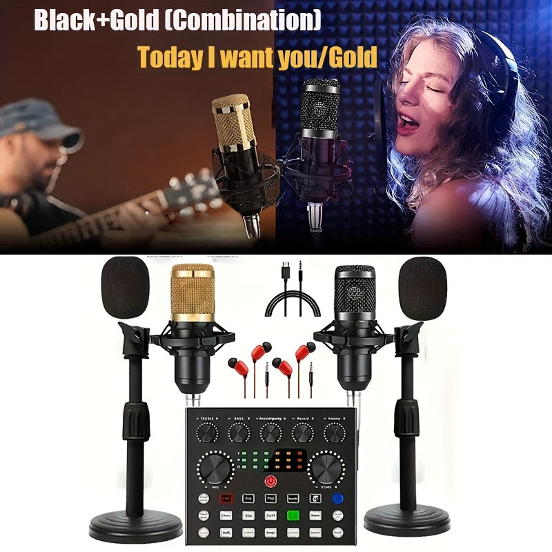 Equipo de podcast actualizado 2025 para dos, interfaz de audio V8 con tarjetas de sonido en vivo todo en uno y micrófono condensador BM800 negro/dorado, micrófono de podcast, adecuado para grabación y transmisión en vivo