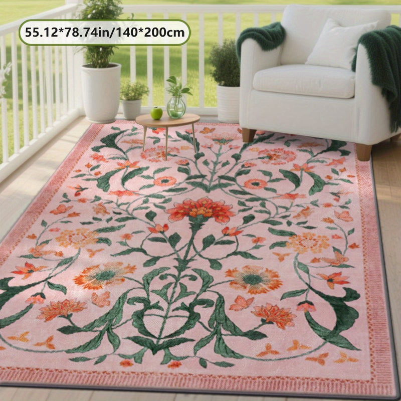 Alfombrilla de exteriores con estampado floral ZULIDA - Ligera, fácil de limpiar, poliéster, diseño rectangular para jardín, patio, acampada en RV, patio trasero y picnic - Patrón floral vibrante rosa y verde, lavable a máquina, varios tamaños disponible