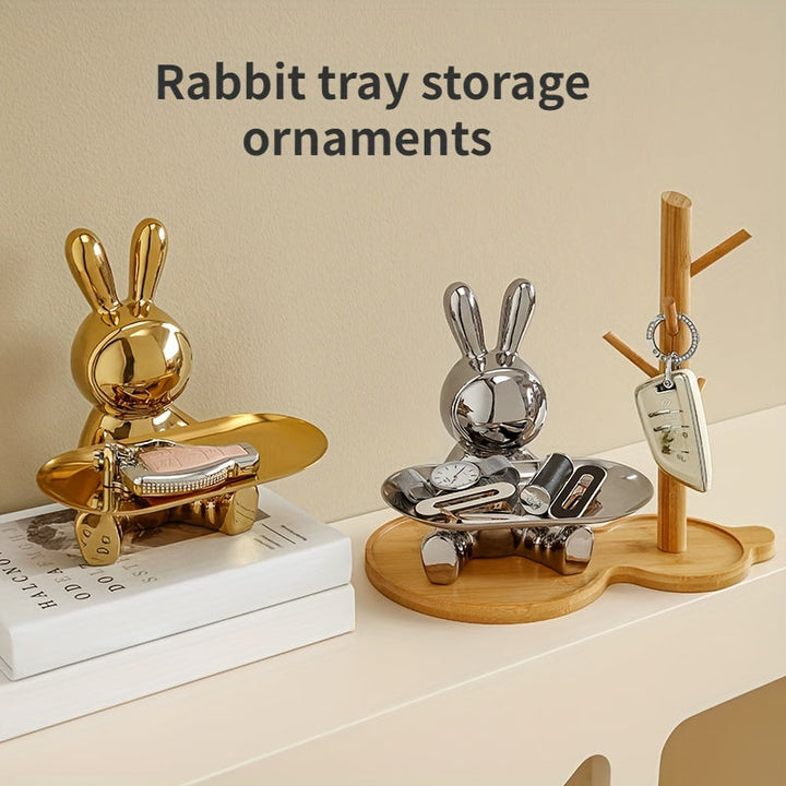 Bandeja de cerámica moderna con forma de conejo para almacenamiento - Soporte de madera, ideal como organizador de llaves y joyas, perfecto para decorar la entrada.