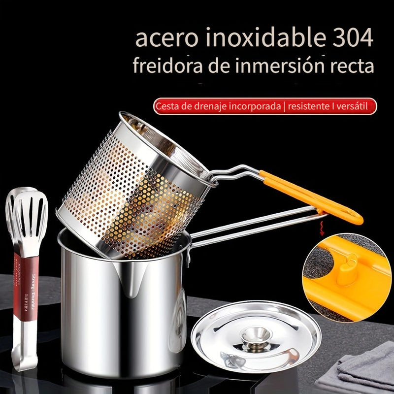 Fritadora profunda recta de acero inoxidable 304 con rejilla de filtro, tapa y tenazas - Versátil para freír papas, pescado, pollo y más - Ideal para uso doméstico, fiestas, camping y restaurantes, uso en restaurantes | Electrodoméstico de cocina moderno
