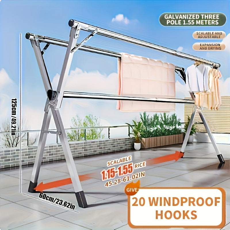 Perchero Plegable de Metal con Barra Doble Ajustable y 20 Ganchos Antiviento, Apto para Uso Interior y Exterior; Solución de Almacenamiento Ahorrador de Espacio para Ropa, Edredones y Ropa de Cama