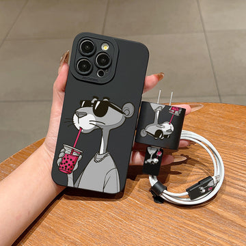 Juego de 5 piezas Funda para Teléfono con Diseño Creativo de Guepardo Gris y Rosa + Cubierta para Cargador + Protector de Cable + Correa de Almacenamiento, Carcasa Protectora Anticaída TPU Compatible con iPhone 6/7/8/X/Xs/XR/XS Max/11/12/13/14/15/Pro Max