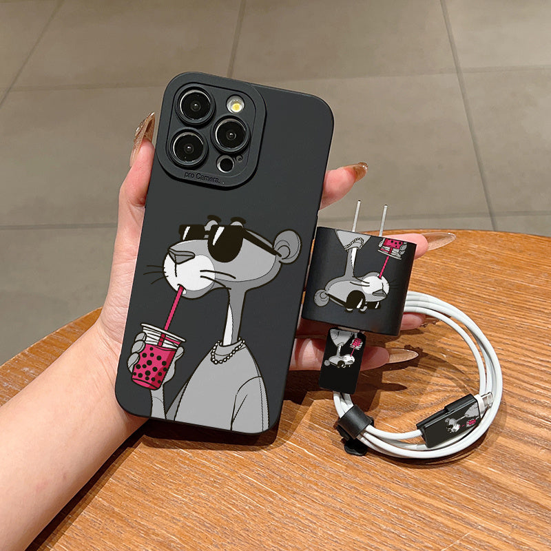 Juego de 5 piezas Funda para Teléfono con Diseño Creativo de Guepardo Gris y Rosa + Cubierta para Cargador + Protector de Cable + Correa de Almacenamiento, Carcasa Protectora Anticaída TPU Compatible con iPhone 6/7/8/X/Xs/XR/XS Max/11/12/13/14/15/Pro Max